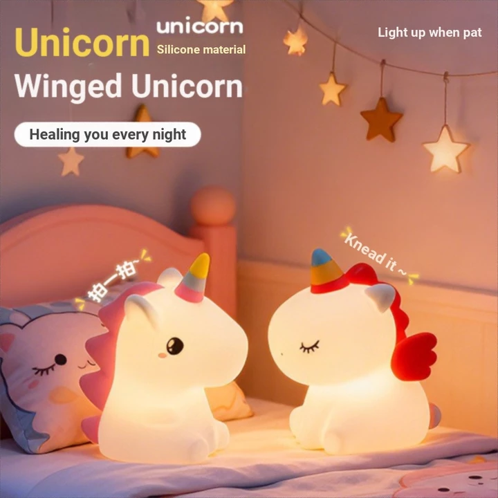 [Chữa lành từng đêm của bạn] Với đôi cánh Unicorn Silicone Paiping Đèn ngủ Sạc đi kèm khi ngủ Phòng ngủ trẻ em Đèn đầu giường Đèn bàn làm mờ ba tốc độ Quà tặng sáng tạo Phòng ngủ Đi kèm Đèn ngủ Paipin