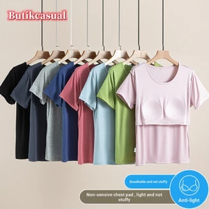 Phụ Nữ Ngực Miếng Lót Áo Thun Trơn Ngắn Tay Mỏng Cổ Tròn Áo Thun Mùa Hè Hàng Đầu Thường Thước Mi