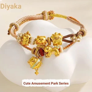 Vòng tay mạ vàng 24K mặt dây chuyền nhỏ thú cưng, series công viên giải trí, màu vàng dễ thương