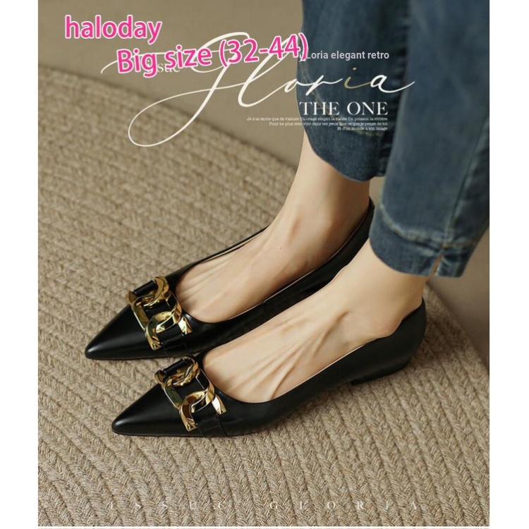 Giày Nữ Size Lớn 32-44✨Đầu Xuân Pháp Dây Xích Kim Loại Mũi Nhọn Bơm Nữ Thời Trang Phù Hợp Với Giày Đế Bằng Size Lớn 41
