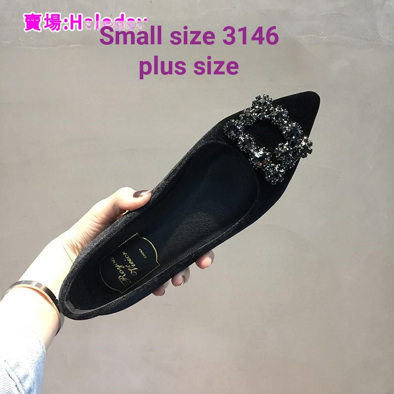 Giày Nữ mũi nhọn đế bằng, size lớn 31-46, lót lông cừu, đính kim cương giả đen