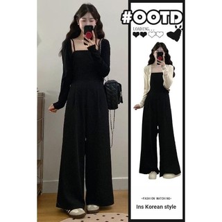 Bộ đồ mùa xuân mùa hè Plus Size Jumpsuit + Cardigan Nữ Bộ đồ thể thao thông thường dành cho nữ 2025 Phong cách mùa thu Fat mm Sling Jumpsuit Quần ống rộng Phong cách phương Tây Bộ đồ hai mảnh giảm tuổi Plus Size Quần áo nữ