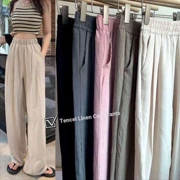 [Polyamineba] Phiên bản Hàn Quốc Quần ống rộng bằng lụa băng dành cho nữ mùa hè cạp cao phong cách mỏng Drap giản dị Quần ống thẳng hẹp Quần dài nữ nữ dài rộng nữ dài thông thường Kết cấu xếp ly Cổ rộ