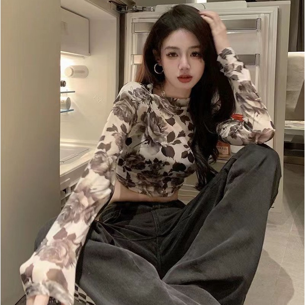 Milyfashion Retro Hoa Hồng In Gạc Ngắn Rốn lộ Áo thun dài tay cho bé tee xuyên thấu