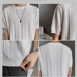 Mùa Xuân Mùa Hè Áo Thun Ngắn Tay Nam Ánh Sáng Hàn Quốc Phong Cách Trưởng Thành Băng Lụa Dệt Kim Áo Thun Ngắn Tay Cao Cấp Đơn Giản Sọc Dệt Kim Nửa Tay Rời Áo Thun