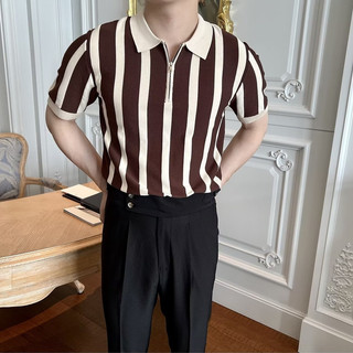 Hàn Quốc Dệt Kim Băng Lụa Nửa Dây Kéo Ve Áo Sọc Áo Thun Tay Ngắn Nam Ve Áo Sơ Mi polo Tay Ngắn Cao @ -