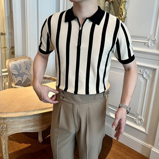 Hàn Quốc Dệt Kim Băng Lụa Nửa Dây Kéo Ve Áo Sọc Áo Thun Tay Ngắn Nam Ve Áo Sơ Mi polo Tay Ngắn Cao @ -