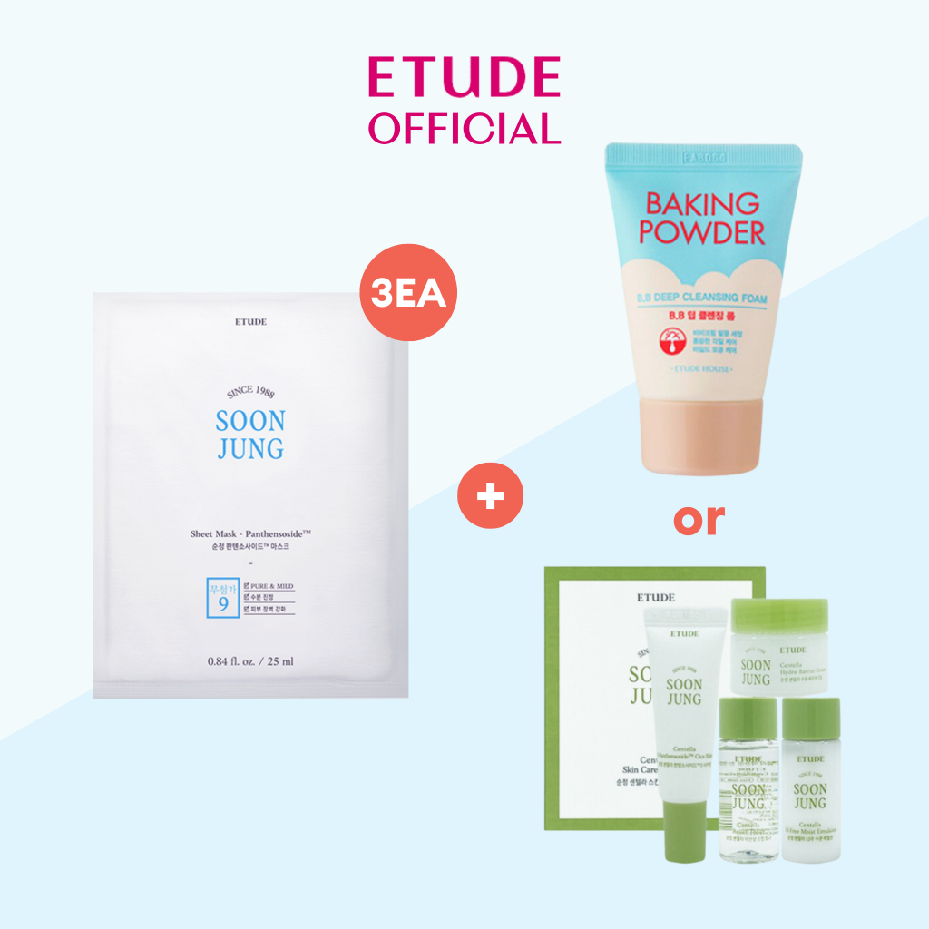 Mỹ phẩm chăm sóc da ETUDE mặt nạ tấm Soonjung gồm 4 món chiết xuất rau má/ sữa rửa mặt tạo bọt làm sạch sâu B.B 30ml