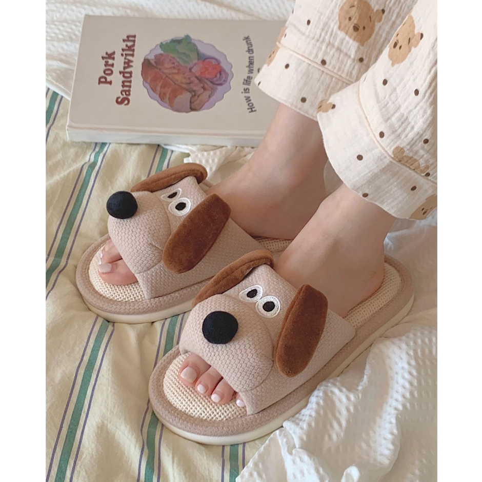 Dép Vải Lanh Vui Vẻ ins Dễ Thương Chó Con Dép Đi Trong Nhà Dép Vải Lanh Cotton Dép Hộ Gia Đình Dép Bốn Mùa Đa Năng Cặp Đôi S