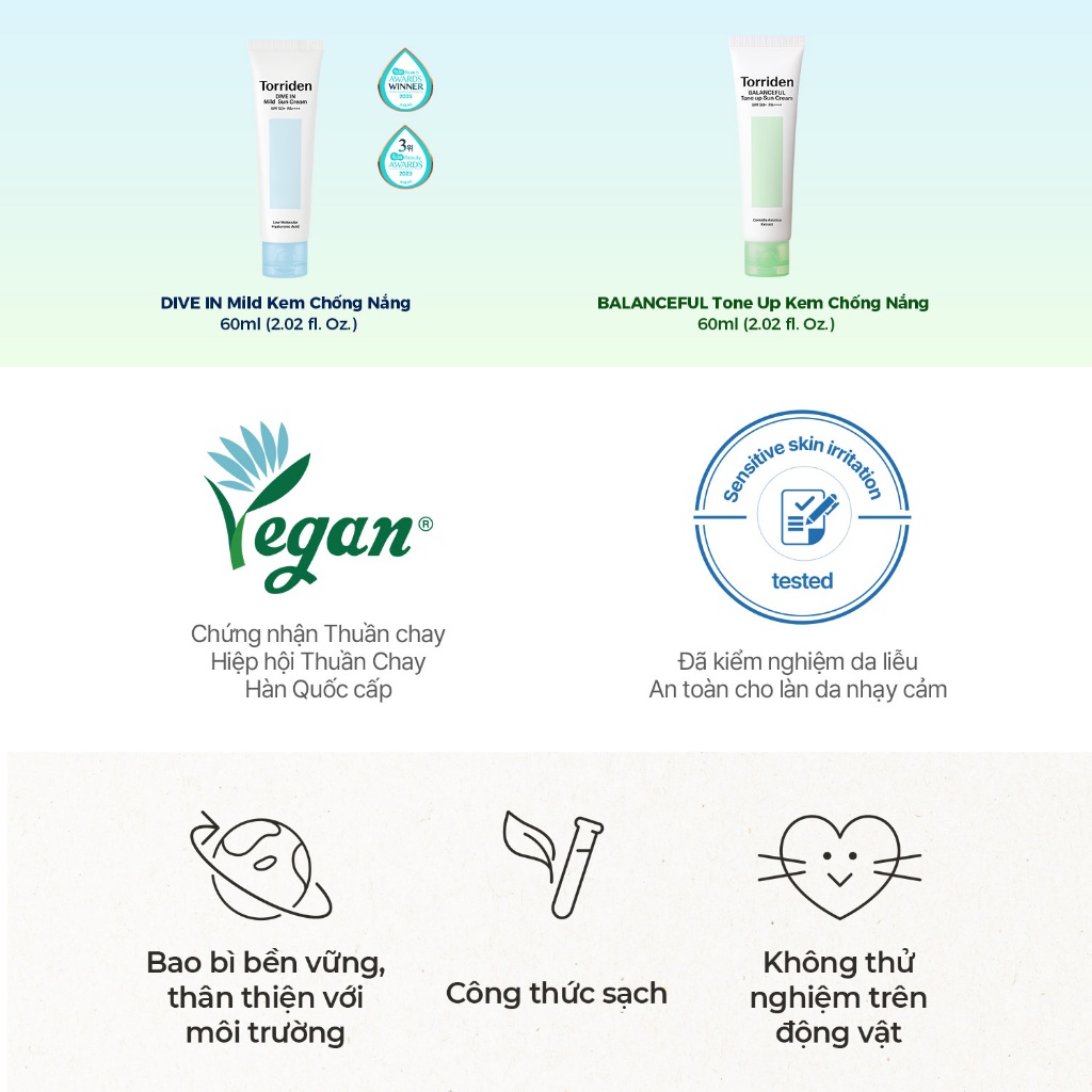 [Torriden Chính hãng] [SET] Kem chống nắng dịu nhẹ DIVE IN và nâng tone da BALANCEFUL CICA, 60ml