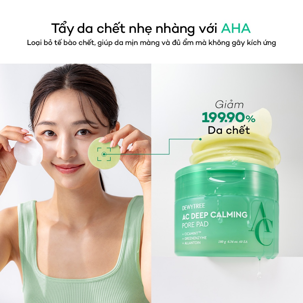 [DEWYTREE] Toner Pad Làm Dịu Da & Tẩy Tế Bào Chết với AHA Thực Vật AC Deep Green Calming Pad 60 Miếng