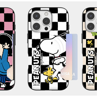 Snoopy Friends Checkerboard họa tiết khe cắm thẻ áo giáp cản từ trường hợp tương thích cho iphone 16 15 pro max s25 s24 ultra plus a16