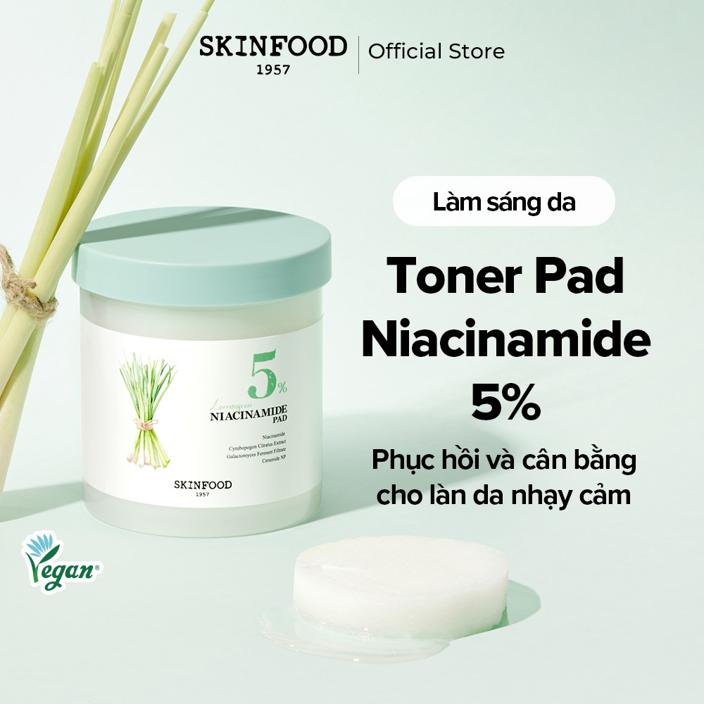 [SKINFOOD Official] Hộp 60 miếng bông Sả Chanh Niacinamide 5% / Dưỡng sáng da / Hỗ trợ cải thiện vấn đề da / Cân bằng dầu – nước / Kiểm soát bã nhờn / Lemongrass Toner Pad