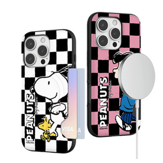 Snoopy Friends Checkerboard họa tiết khe cắm thẻ áo giáp cản từ trường hợp tương thích cho iphone 16 15 pro max s25 s24 ultra plus a16