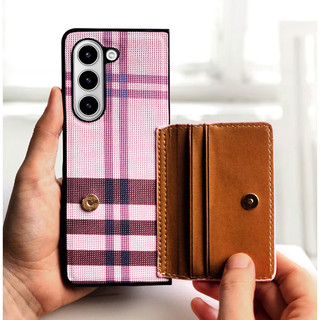 Ốp lưng khe cắm thẻ cứng họa tiết ca rô cho galaxy z fold 6 5 4 / fold5 bìa hồng nâu đen zfold6