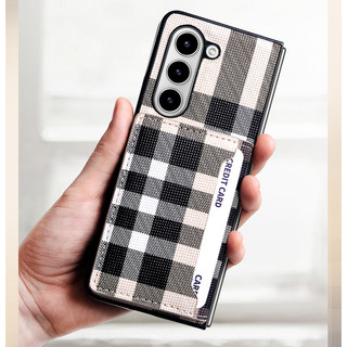 Ốp lưng khe cắm thẻ cứng họa tiết ca rô cho galaxy z fold 6 5 4 / fold5 bìa hồng nâu đen zfold6