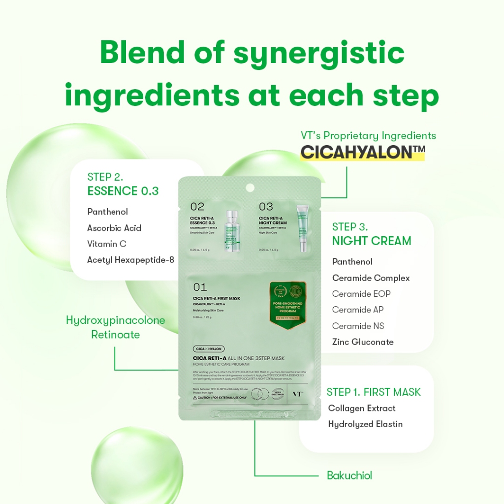 [Vt] CICA RETI-A ALL IN ONE 3STEP MASK Retinol 0,3%, Panthenol, Ceramide Complex, Vitamin C, Chăm sóc kết cấu lỗ chân lông & da < Official Flagship >