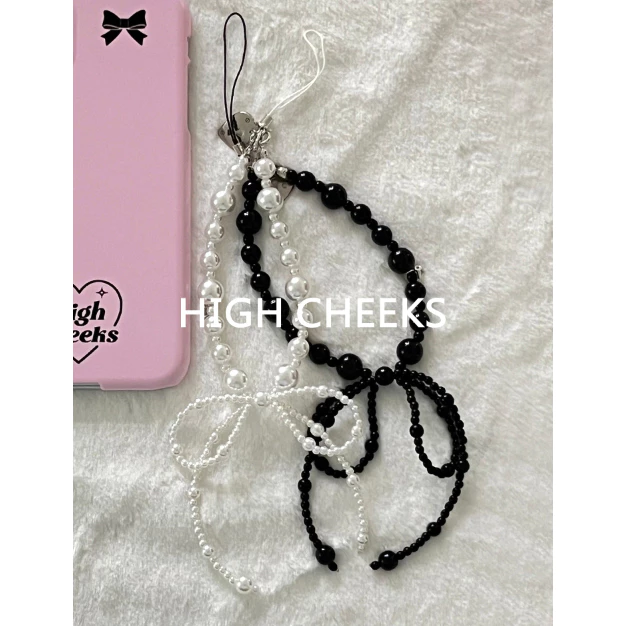[HIGH CHEEKS] Dây điện thoại bóng ruy băng, Dây đeo điện thoại ngọc trai ruy băng, Dây điện thoại ngọc trai, Dây điện thoại ruy băng, Hàn Quốc