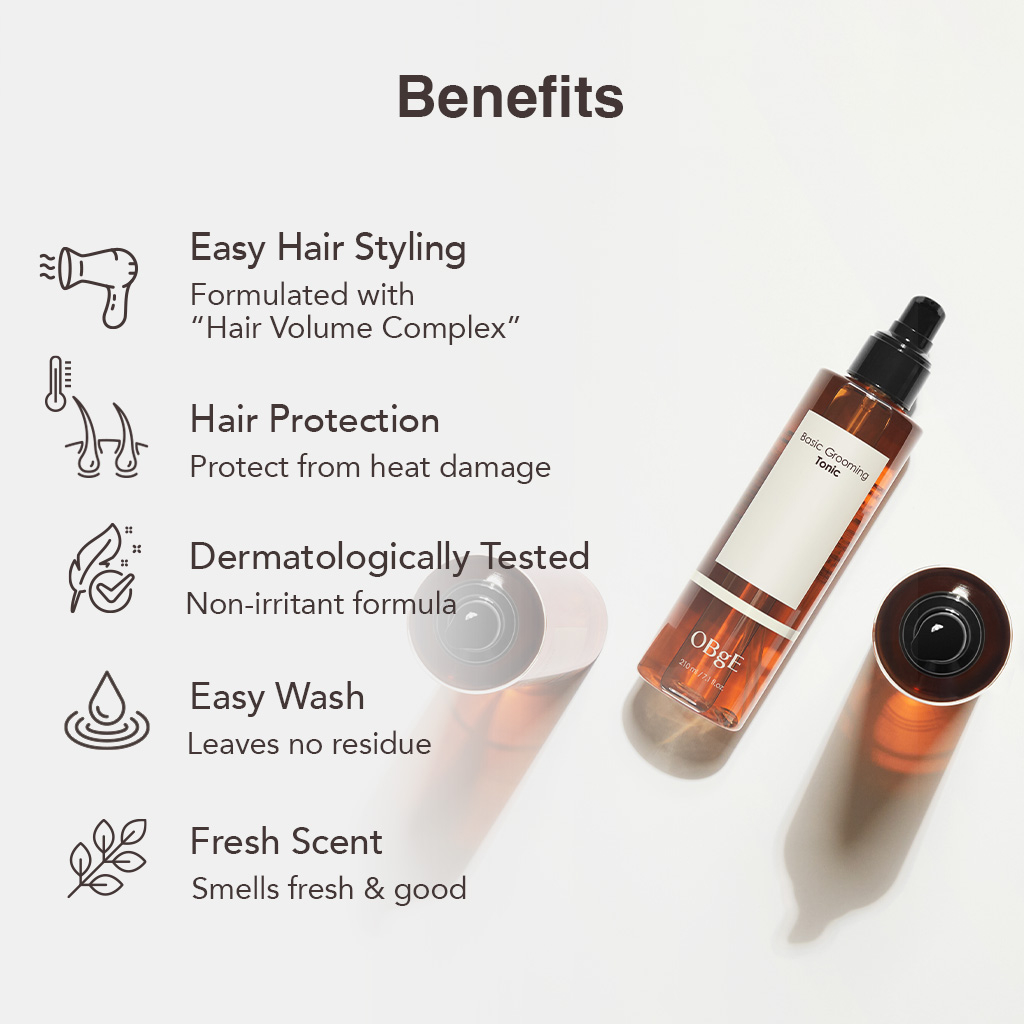 [OBgE Chính hãng] Nước dưỡng tóc Basic Grooming Tonic 210ml | Tạo kiểu tóc bồng bềnh nhẹ | Giữ nếp mềm mại | Chống hư tổn do nhiệt | Sử dụng trước khi sấy tóc | Có thể sử dụng cho mọi loại tóc