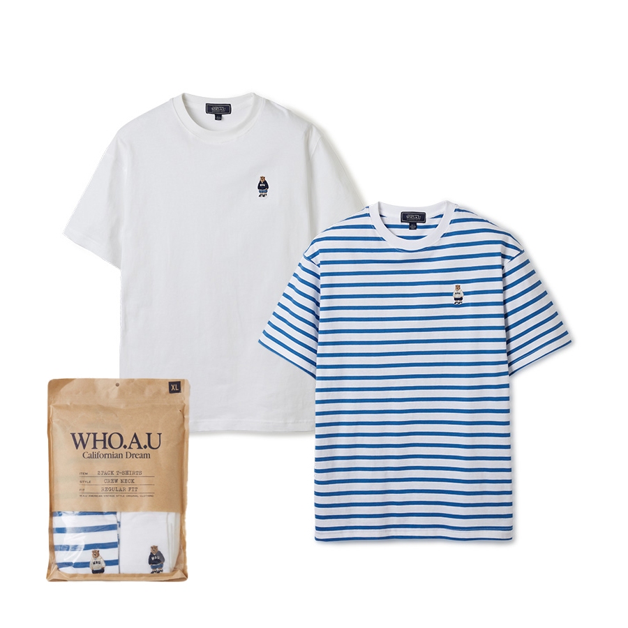 【WHO.A.U】 Steve 2PACK Stripe T-shirts[B] 2PACK)Steve Stripe T-shirt[B] - 후아유닷컴