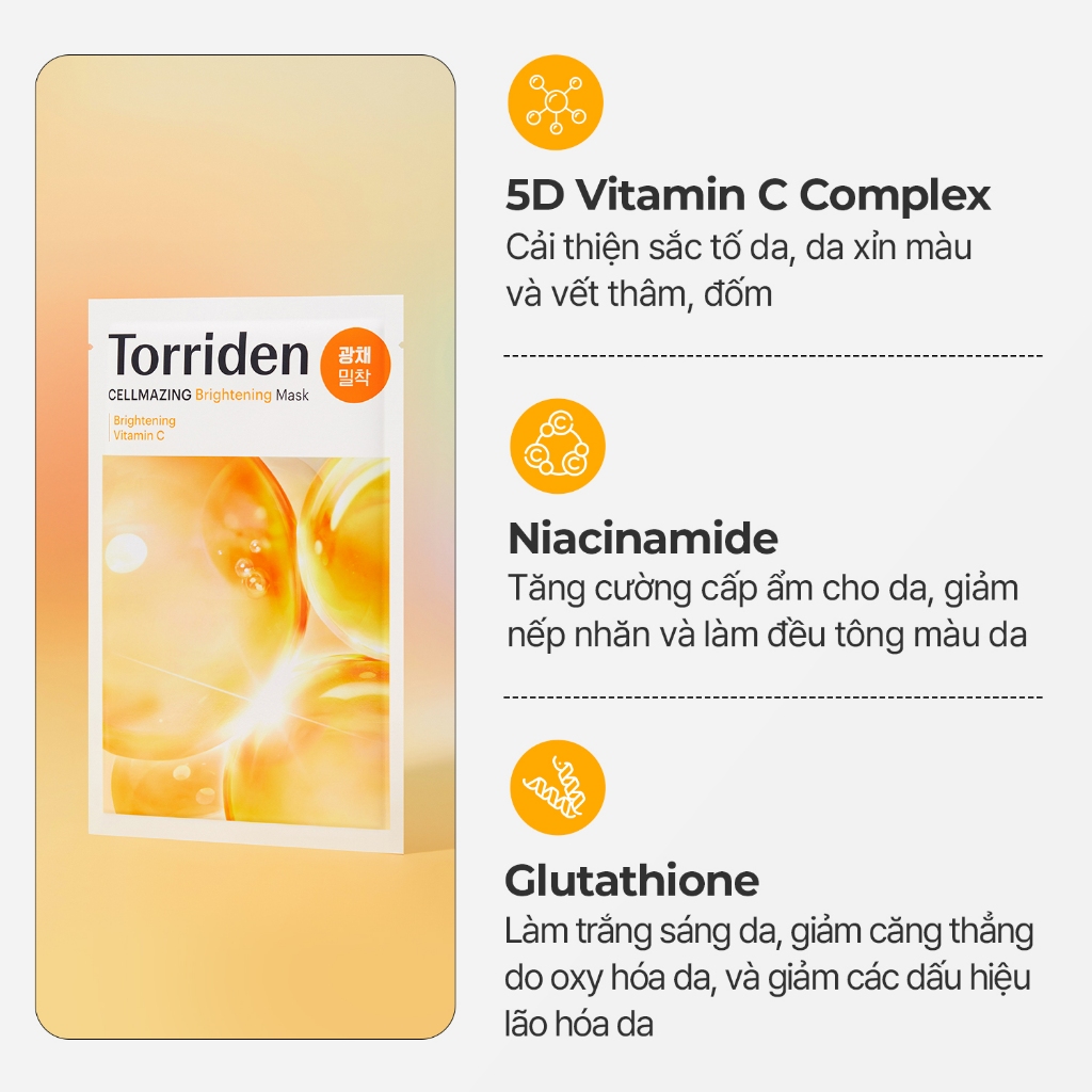 [Torriden Chính hãng] (HSD 28/01/2027) Mặt nạ giấy dưỡng trắng sáng da CELLMAZING chứa Vitamin C, 10 miếng, Mask