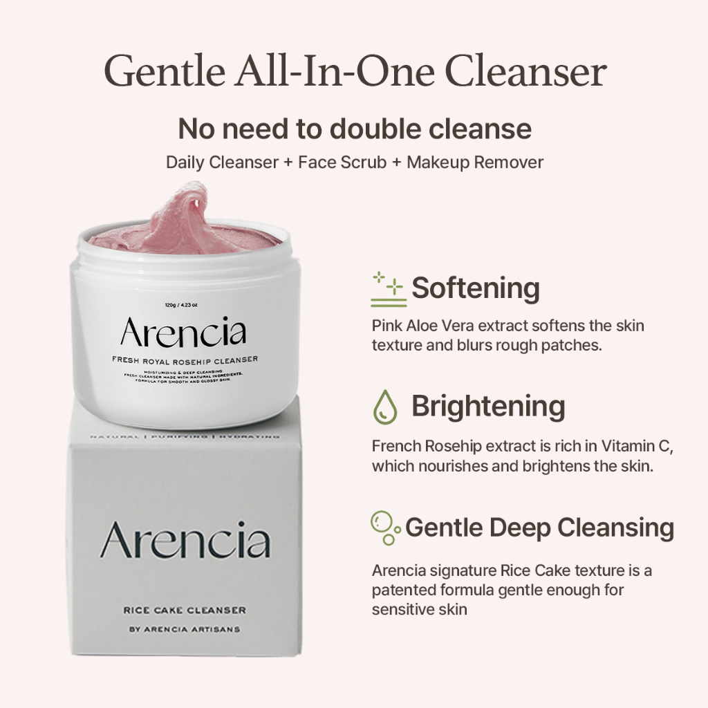 [Arencia] Sữa rửa mặt Mochi gạo Royal Rosehip 120g | Cấp ẩm, Dưỡng ẩm, cải thiện kết cấu da