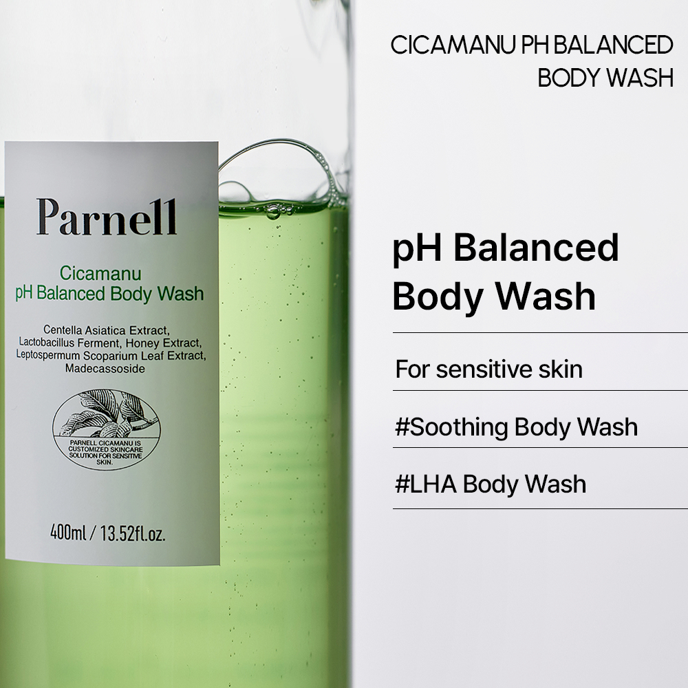 [Parnell Chính hãng] Sữa tắm chiết xuất rau má mật ong Salicylic Acid, Ceramide làm dịu, hỗ trợ giảm mụn cơ thể, cân bằng độ pH da cơ thể Parnell Cicamanu pH Balanced Body Wash 400ml