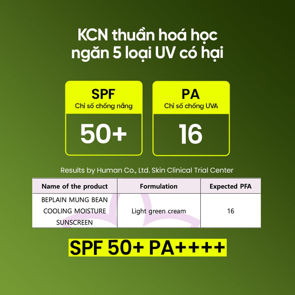 Ảnh Kem chống nắng BEPLAIN dòng Đậu Xanh thuần hoá học, chống UVA UVB và Ánh Sáng Xanh Dưỡng Ẩm & Dịu Da SPF 50+ PA++++ 50ml Mung Bean Cooling Moisture Sunscreen 4