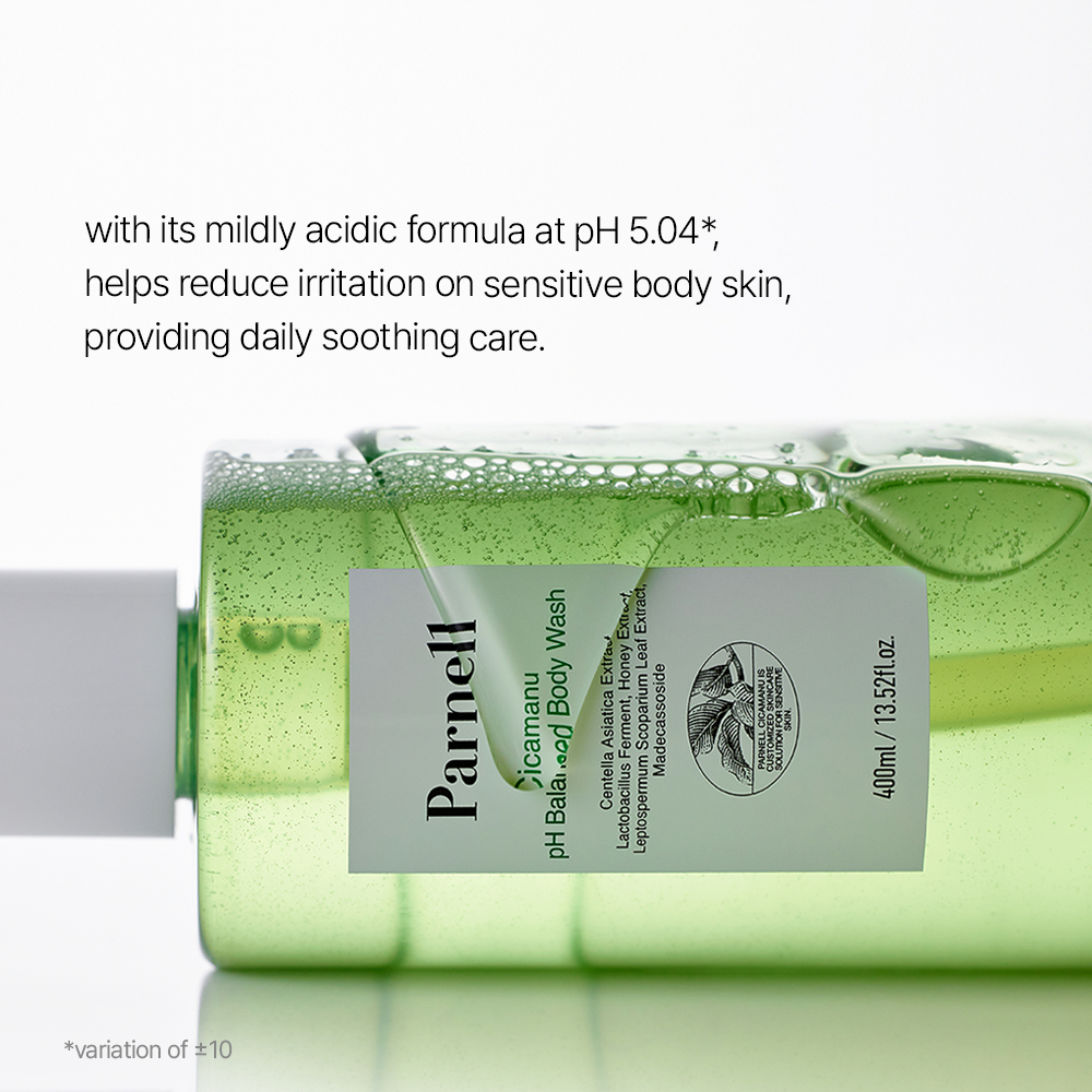 [Parnell Chính hãng] Sữa tắm chiết xuất rau má mật ong Salicylic Acid, Ceramide làm dịu, hỗ trợ giảm mụn cơ thể, cân bằng độ pH da cơ thể Parnell Cicamanu pH Balanced Body Wash 400ml