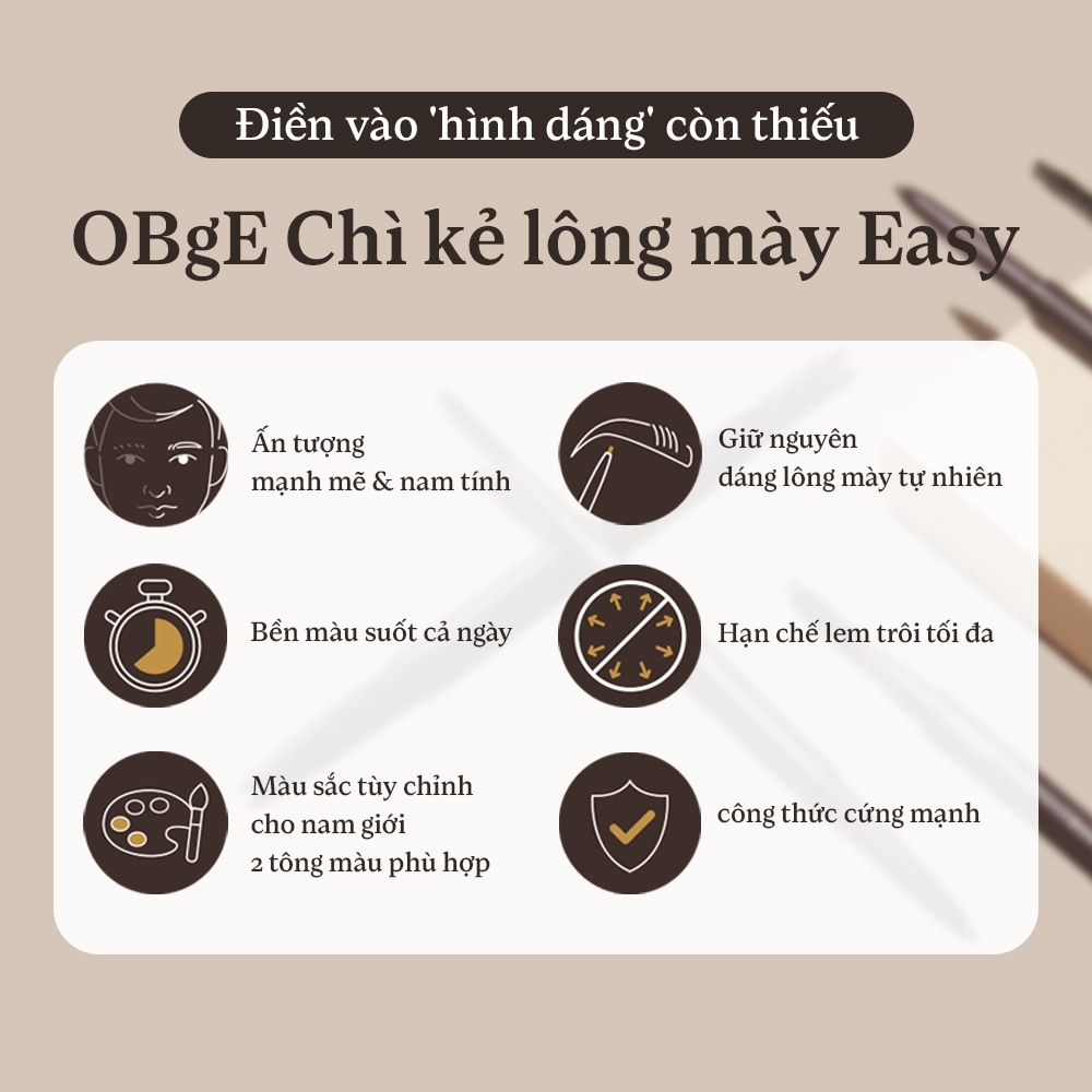 [OBgE Chính hãng] Chì kẻ mày Easy #Xám đậm / #Nâu đậm | Lông mày siêu mảnh | Giữ màu lâu trôi | Giảm thiểu lem trôi | Công thức cứng cáp và chắc chắn | 2 màu sắc tùy chỉnh cho nam giới