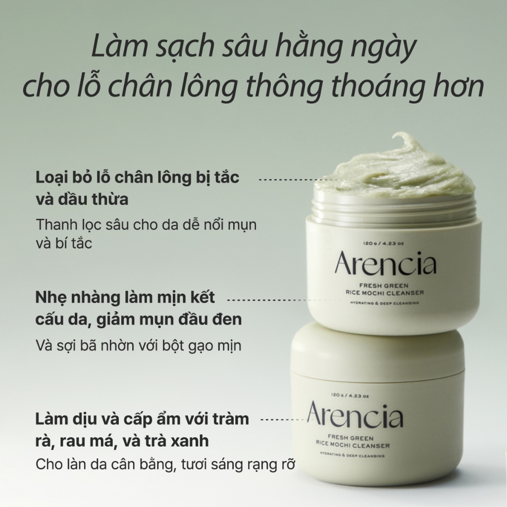 [Arencia] Sữa rửa mặt Mochi gạo xanh tươi 120g | Làm sạch, Cấp ẩm, loại bỏ mụn đầu đen