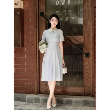 Váy công sở sơ mi nữ mùa hè chiết eo phối cổ sơ mi Charme 409029