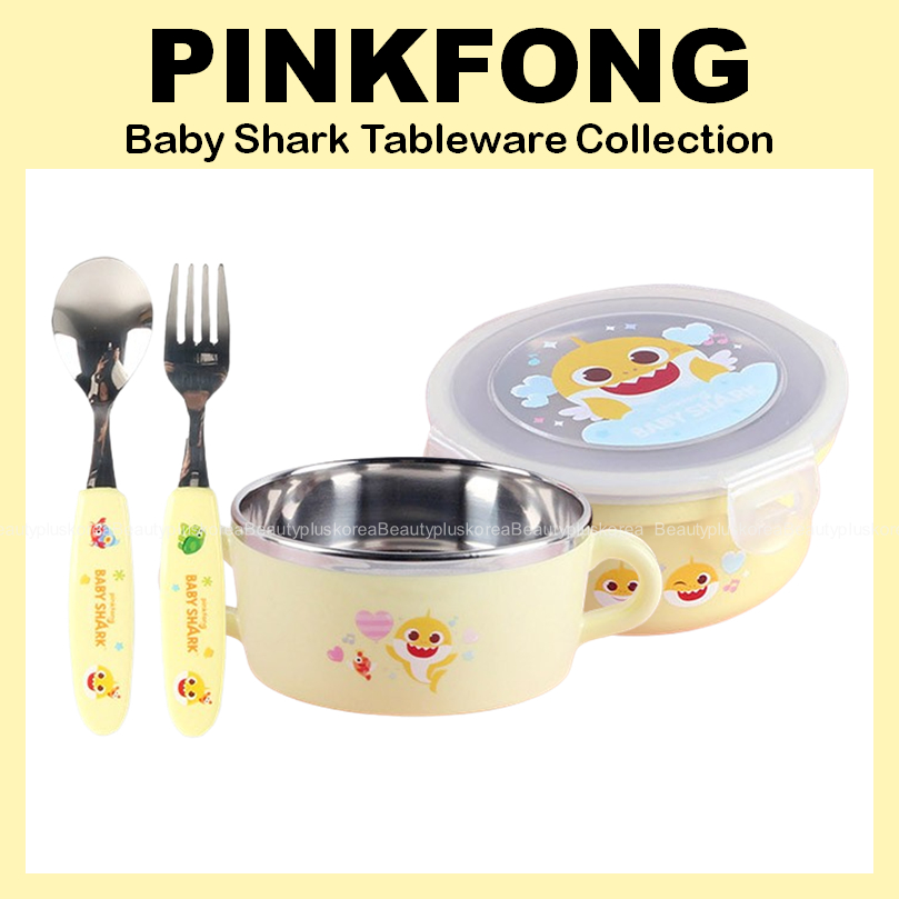 [Hồng] Bộ sưu tập bộ đồ ăn bằng thép không gỉ Baby Shark (Bộ thìa & nĩa / Bát hai tay cầm chống trượt / Hộp đựng đa năng)