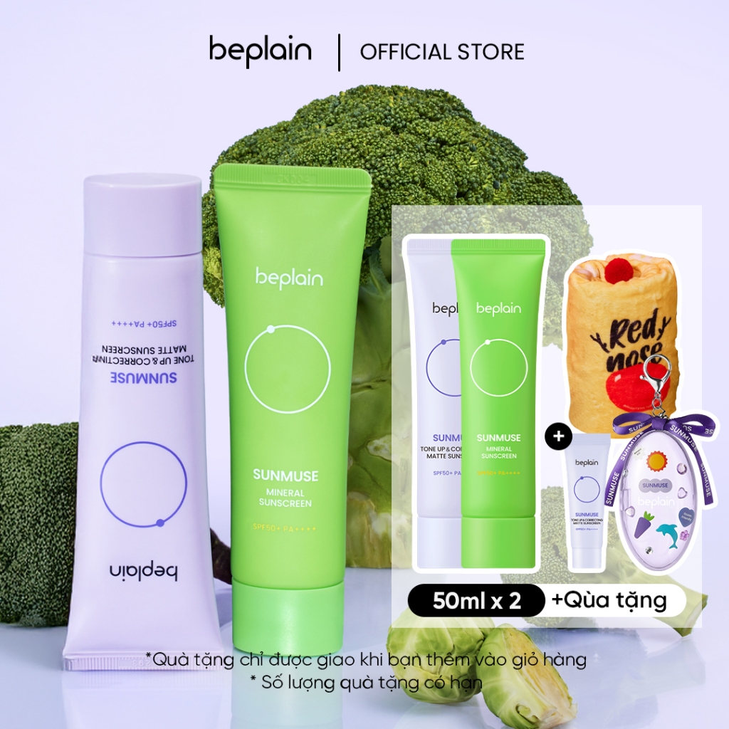 Ảnh [Combo độc quyền 50ml X2] Kem chống nắng BEPLAIN Sunmuse lai Vật Lý & Hoá Học Nâng Tone & Hiệu chỉnh da Matte Mịn lì SPF 50+ PA++++ 50mL + 50ml 2