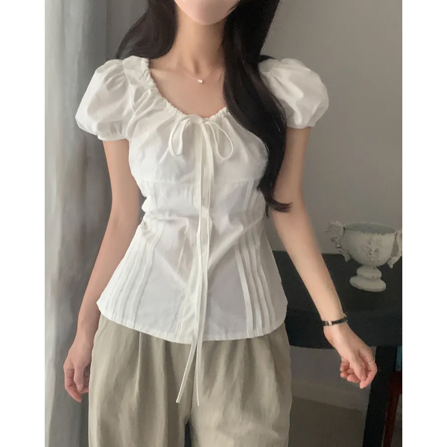 Áo sơ mi tay phồng dây rút Pintuck | Shopee Việt Nam