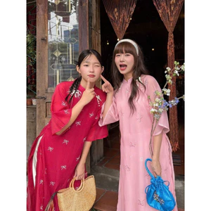 Áo Dài Nữ BABEE Cách Tân Tay Lỡ Chất Voan Tơ Nhẹ Nhàng Họa Tiết Nơ Thêu Nổi Kết Hợp Dây Thắt Nơ -Tết