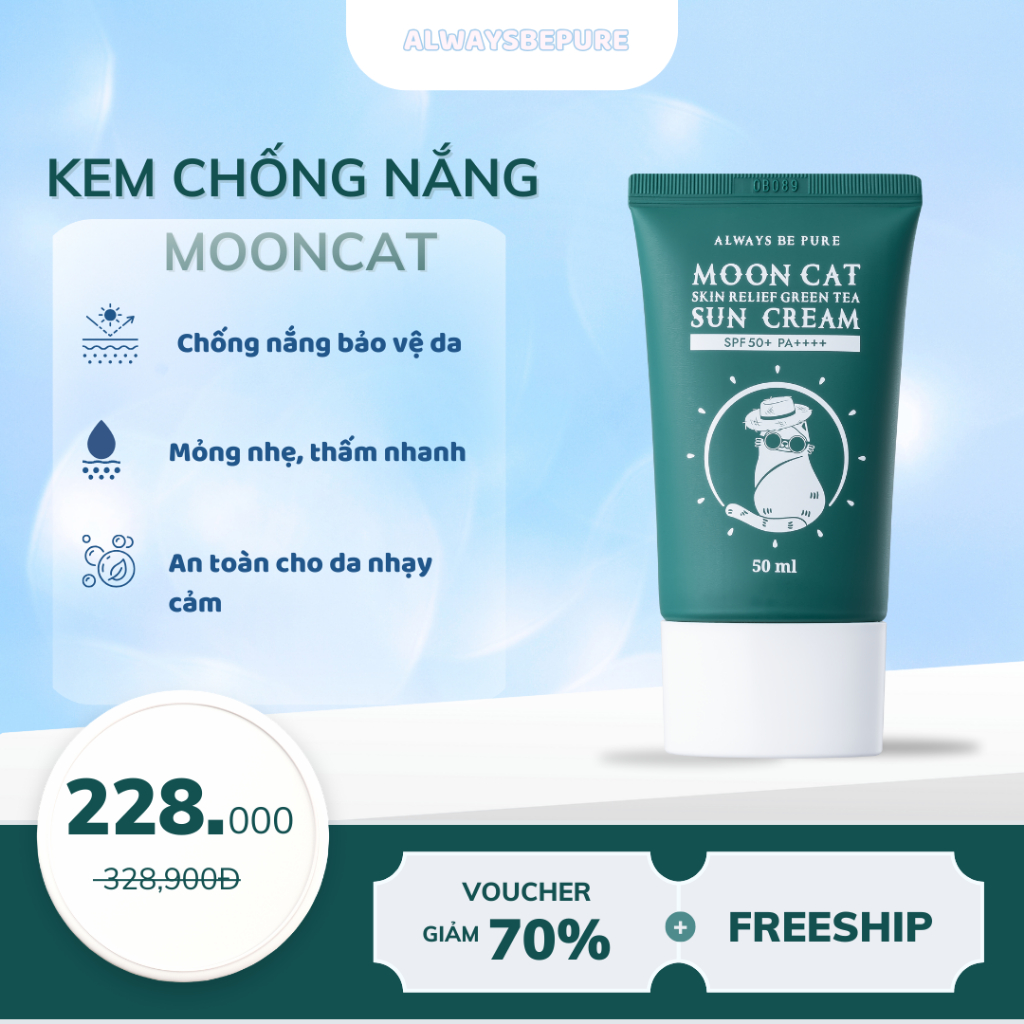 Ảnh Kem chống nắng dịu nhẹ ALWAYS BE PURE Moon Cat Skin Relief Green Tea Sun Cream SPF 50+/ PA++++ 1