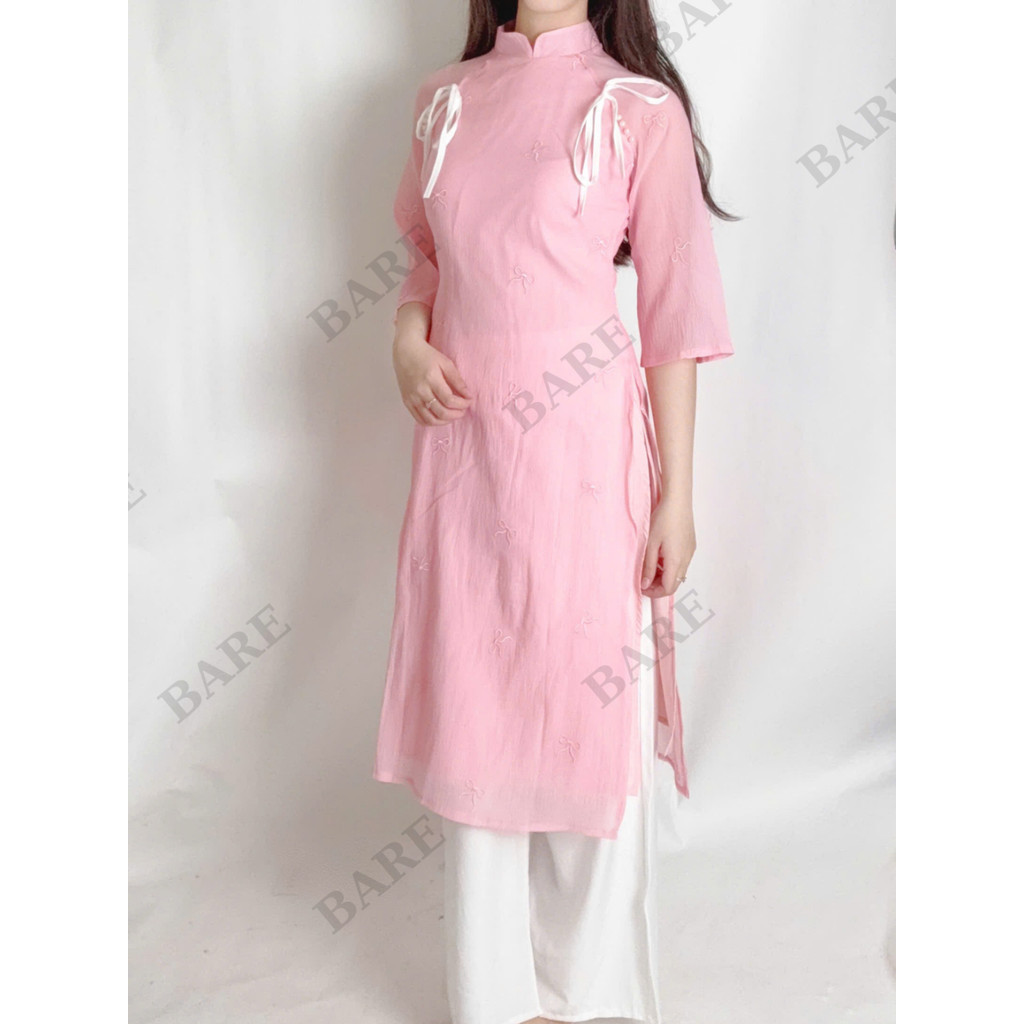 Áo Dài Nữ BABEE Cách Tân Tay Lỡ Chất Voan Tơ Nhẹ Nhàng Họa Tiết Nơ Thêu Nổi Kết Hợp Dây Thắt Nơ -Tết