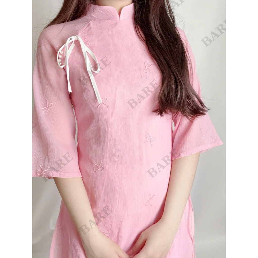 Áo Dài Nữ BABEE Cách Tân Tay Lỡ Chất Voan Tơ Nhẹ Nhàng Họa Tiết Nơ Thêu Nổi Kết Hợp Dây Thắt Nơ -Tết