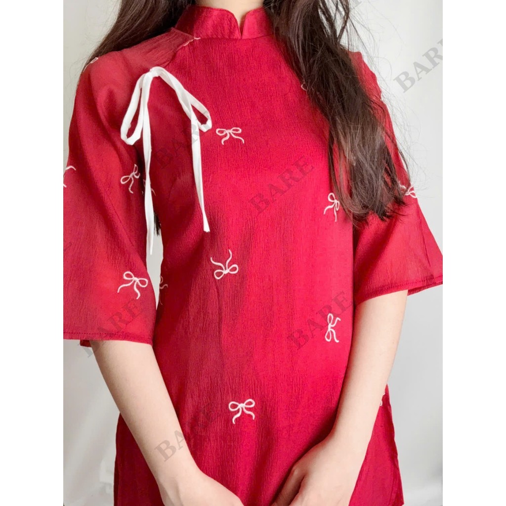 Áo Dài Nữ BABEE Cách Tân Tay Lỡ Chất Voan Tơ Nhẹ Nhàng Họa Tiết Nơ Thêu Nổi Kết Hợp Dây Thắt Nơ -Tết
