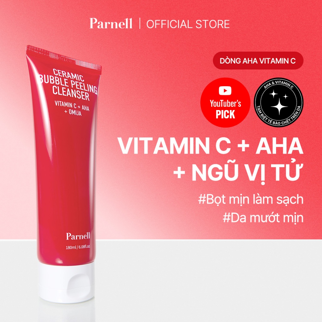 [Parnell Chính hãng] Sữa rửa mặt ngũ vị tử AHA tẩy tế bào chết, hỗ trợ giảm mụn đầu đen, làm sáng da Parnell Aha Omija Ceramic Bubble Peeling Cleanser 180ml