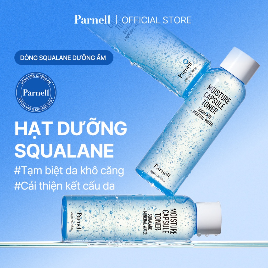 [Parnell Chính hãng] Toner hạt dưỡng Squalane, khoáng chất siêu dưỡng ẩm, dịu hóa da, phục hồi da, da mịn mướt Parnell Squalane Mineral Water Moisture Capsule Toner 200ml