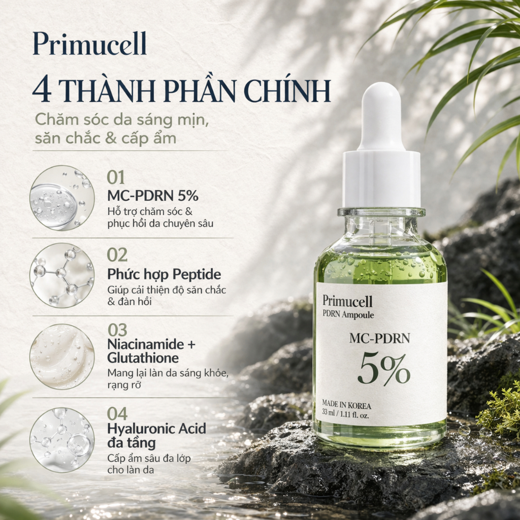 [PRIMUCELL] Tinh Chất MC-PDRN 5% 33ml | Ampoule PDRN + Peptide Săn Chắc, Căng Bóng & Rạng Rỡ Da