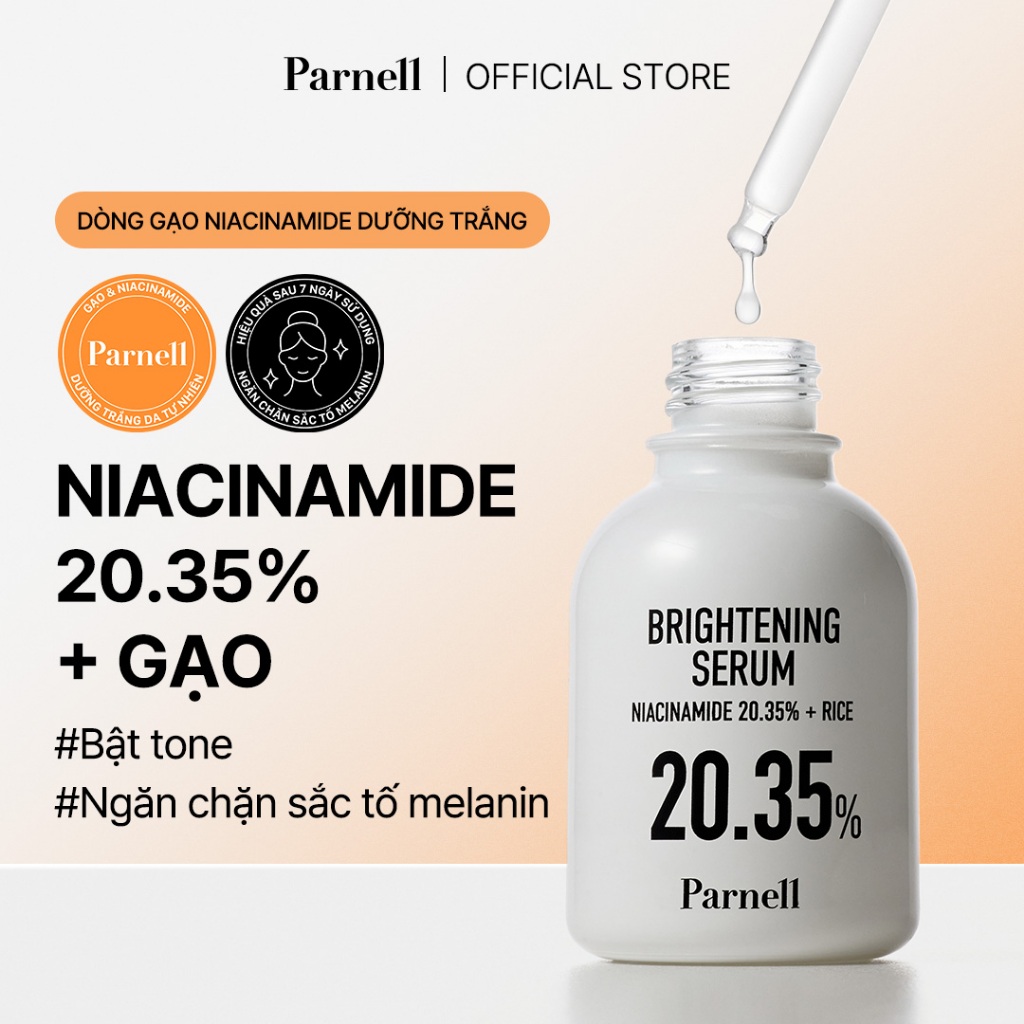 [Parnell Chính hãng] Tinh chất gạo Niacinamide 20.35% dưỡng trắng, hỗ trợ giảm thâm nám, làm sáng da, cải thiện kết cấu da Parnell Niacinamide 20.35 Rice Brightening Serum 30ml