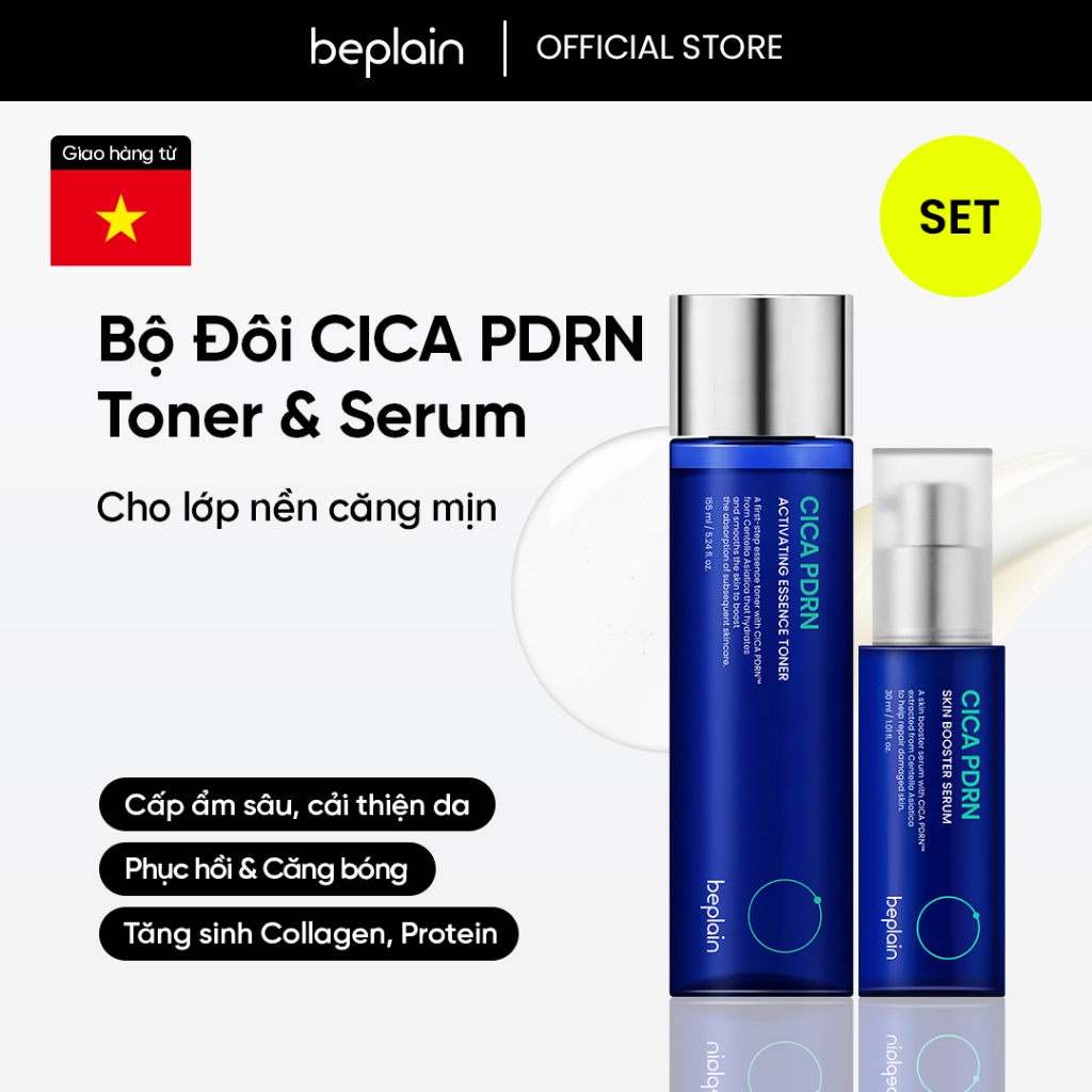 Tinh chất BEPLAIN Cica PDRN Skin Booster Serum 30ml & Toner tinh chất BEPLAIN Cica PDRN Activating Essence Toner 155ml – Phục hồi, tái sinh da, trẻ hoá & căng b