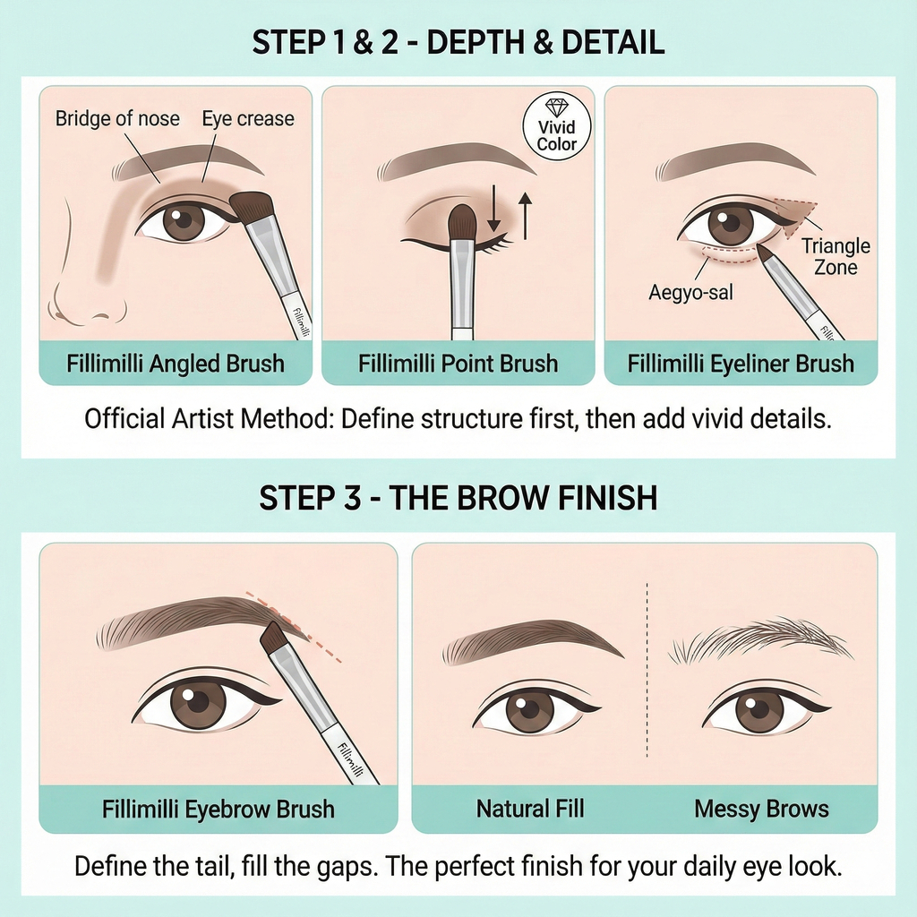 [Fillimilli] Bộ cọ mắt hàng ngày Viral K-Beauty (8 món) 6 cọ thiết yếu + Túi + Gương thẻ