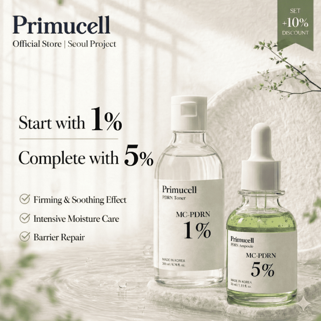 [Primucell] Bộ sản phẩm gồm Nước hoa hồng MC-PDRN 1% 200ml + Tinh chất 5% 33ml | Bộ đôi dưỡng ẩm & làm săn chắc da và tạo vẻ rạng rỡ