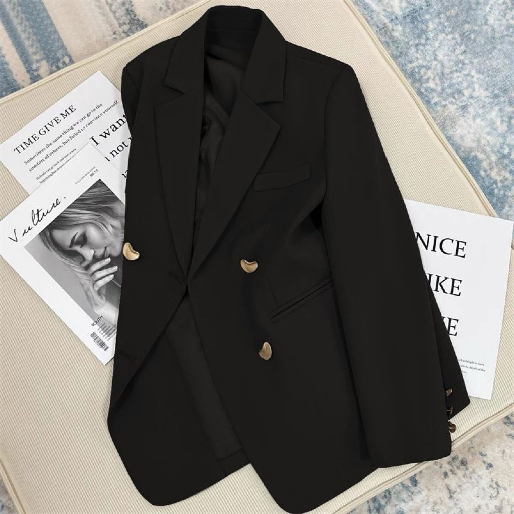 MEIQUIYI Áo Blazer nữ ba màu Nâu/xám/đen thiết kế trơn cúc dẹt