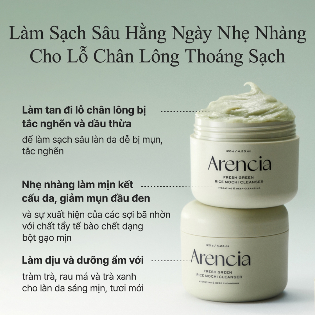 [Arencia X KOL] Sữa rửa mặt Mochi gạo xanh tươi 120g | Làm sạch, Cấp ẩm, loại bỏ mụn đầu đen