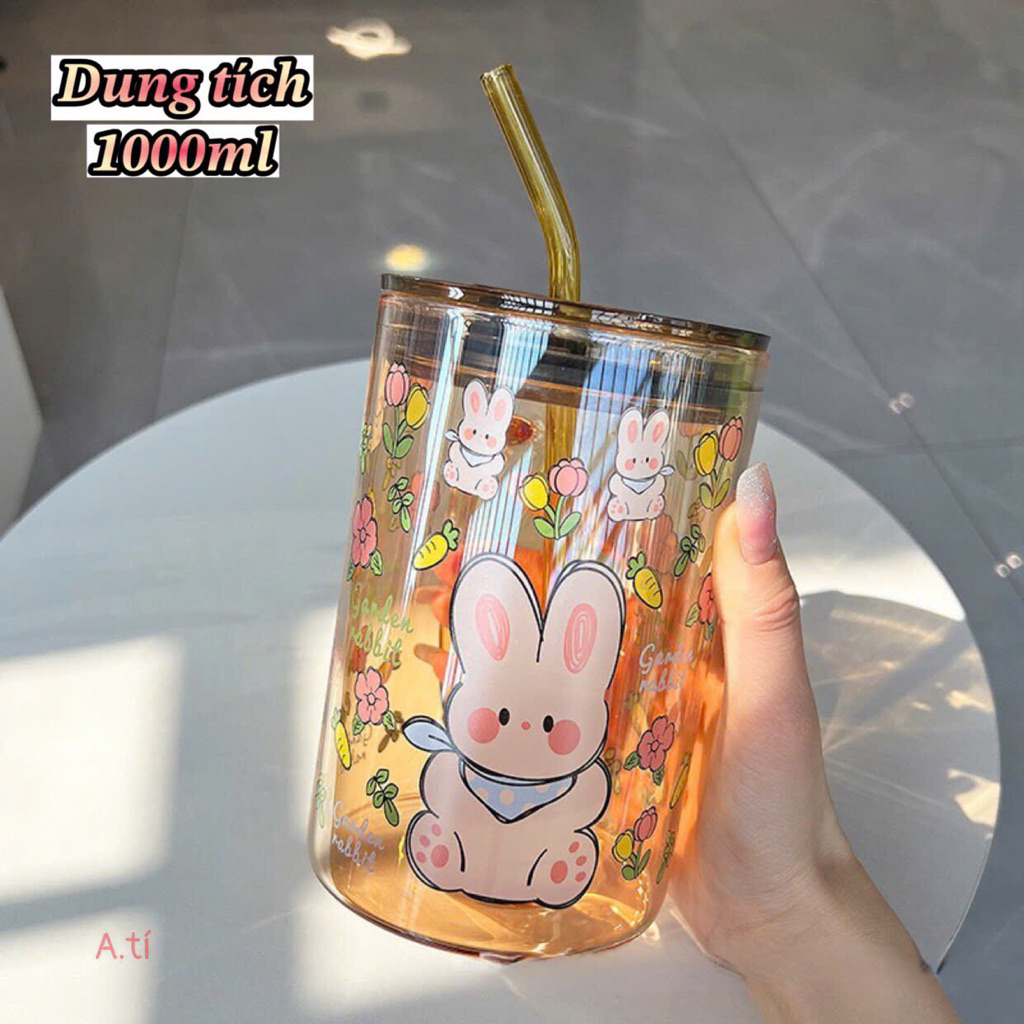 Cốc Nước Thủy Tinh Hổ Phách 1000ml Có Ống Hút – Họa Tiết Thỏ Garden Rabbit Xinh Xắn, Chịu Nhiệt Tốt